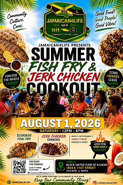 Summer cookout event poster with food images.