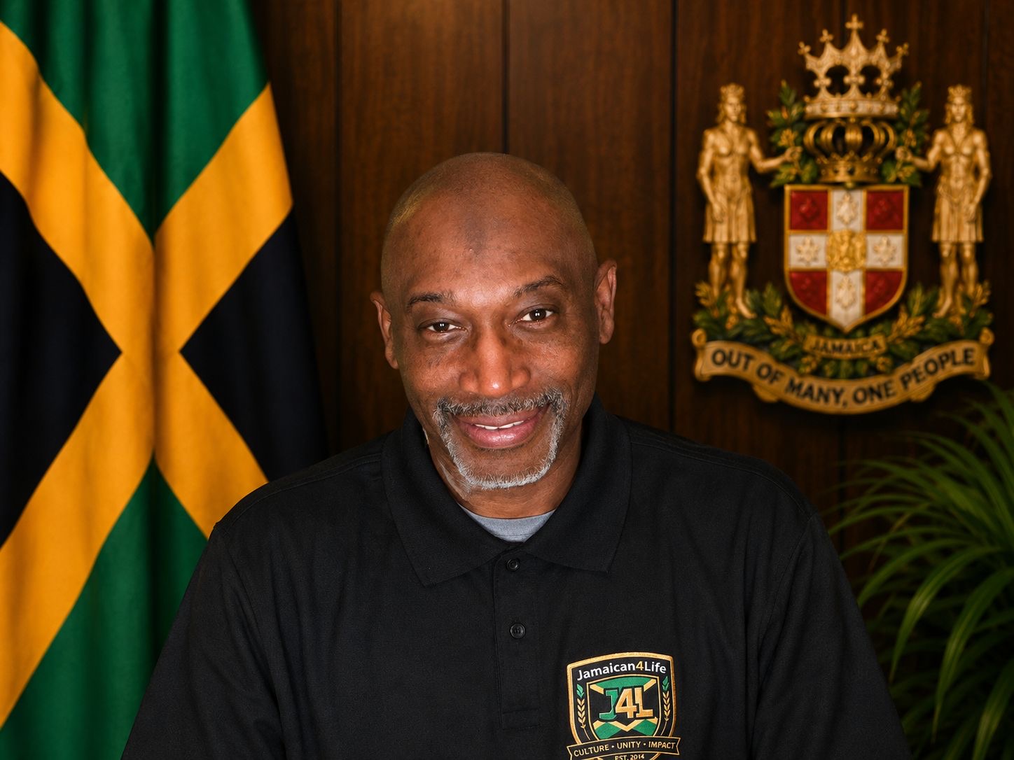 Man smiling with Jamaican flag and emblem.