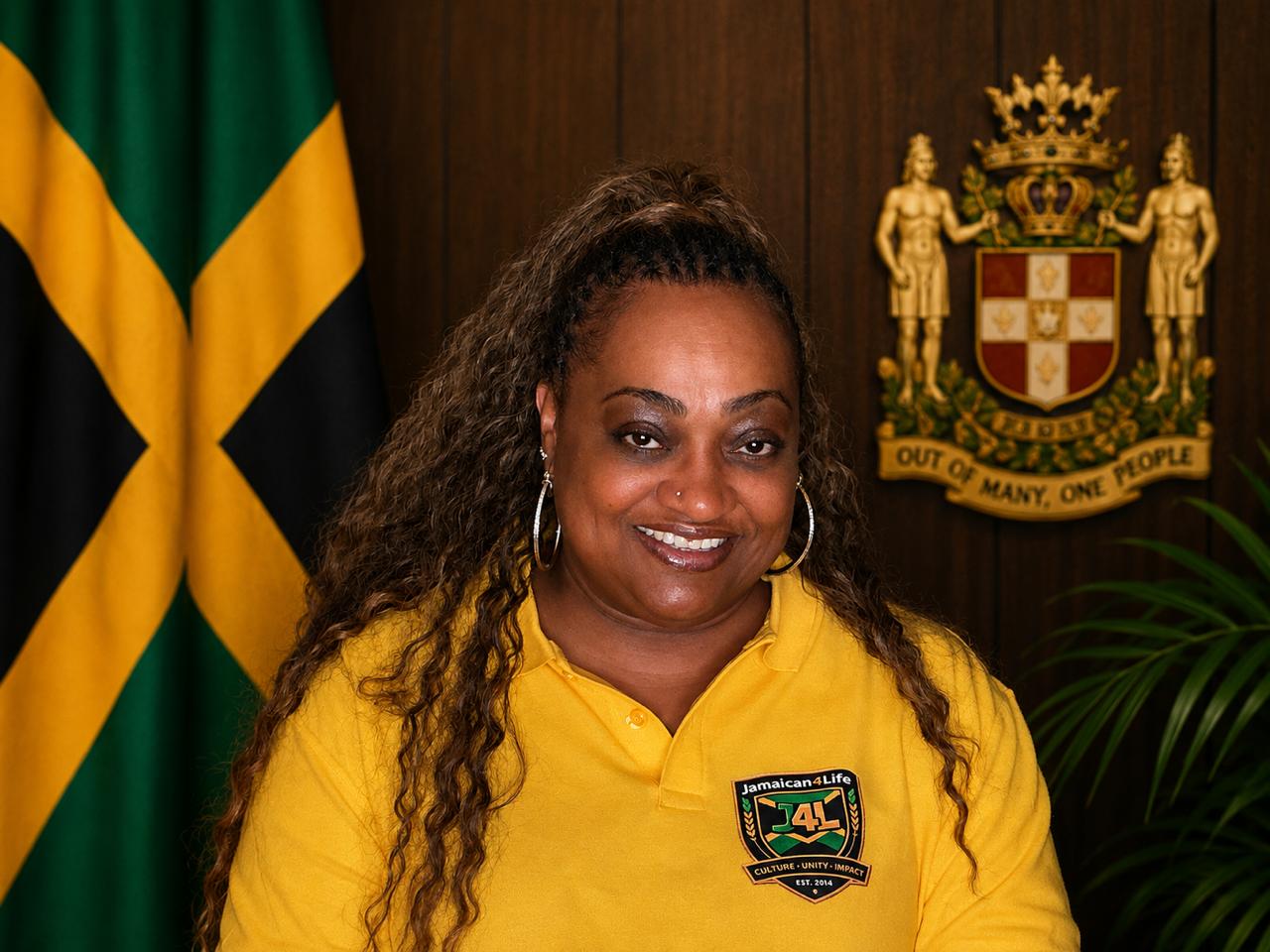 Smiling woman in yellow shirt with flags.